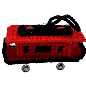 Caboose Train Cross Stitch Christmas Ornament Handmade‎ Red Black Vintage